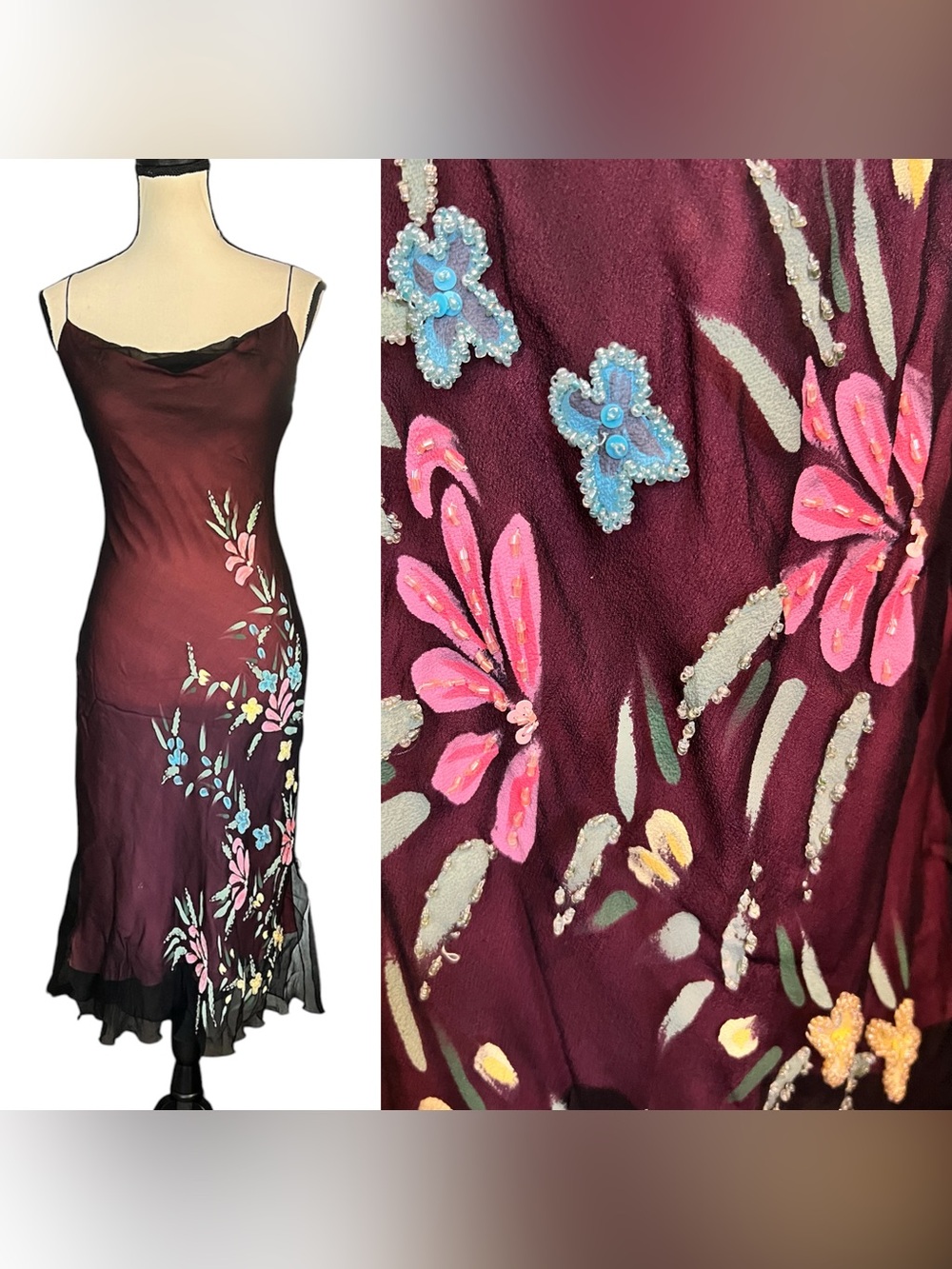 Vintage Betsey Johnson New York Silk Sheer Mesh Painted Beaded Floral Slip Dress - Picture 14 of 14